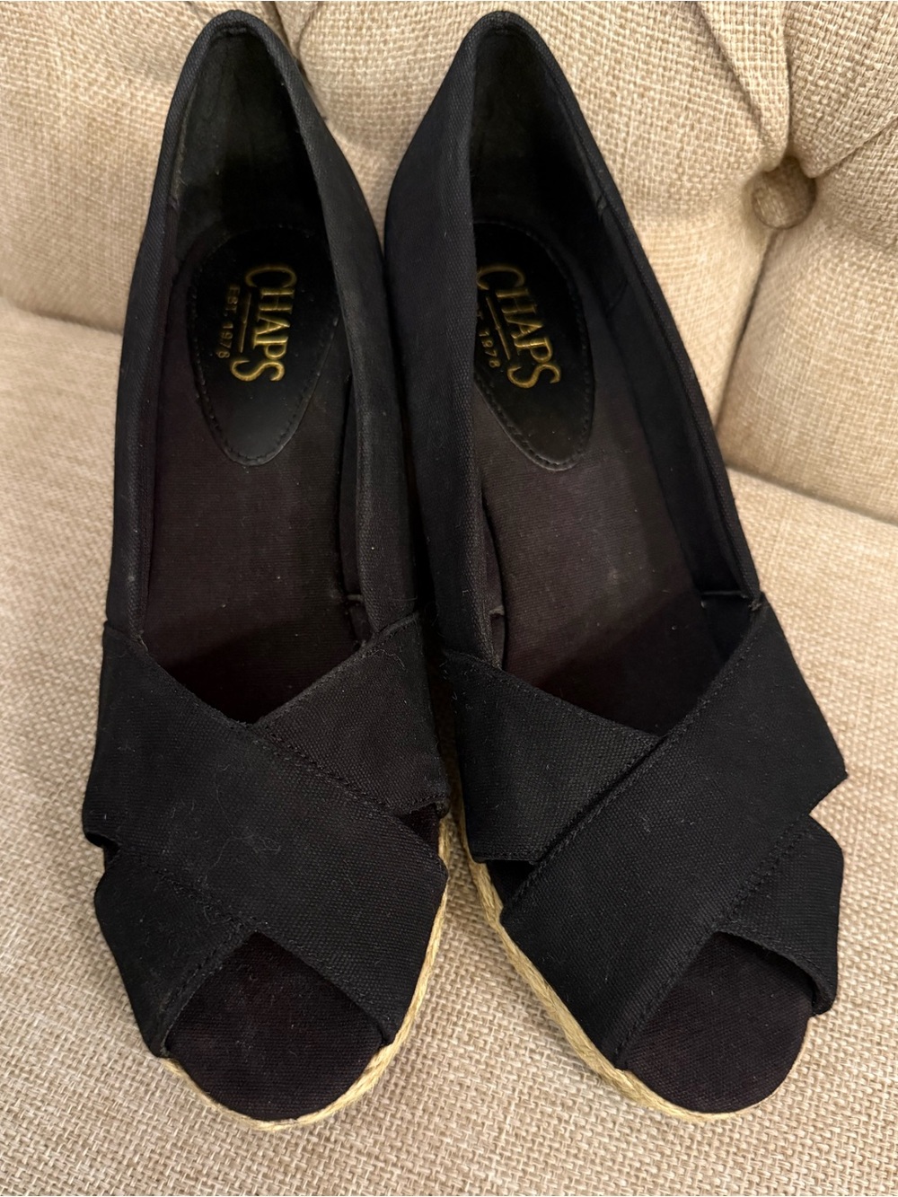 Chaps Black Crisscross Peep-Toe Espadrille Wedges